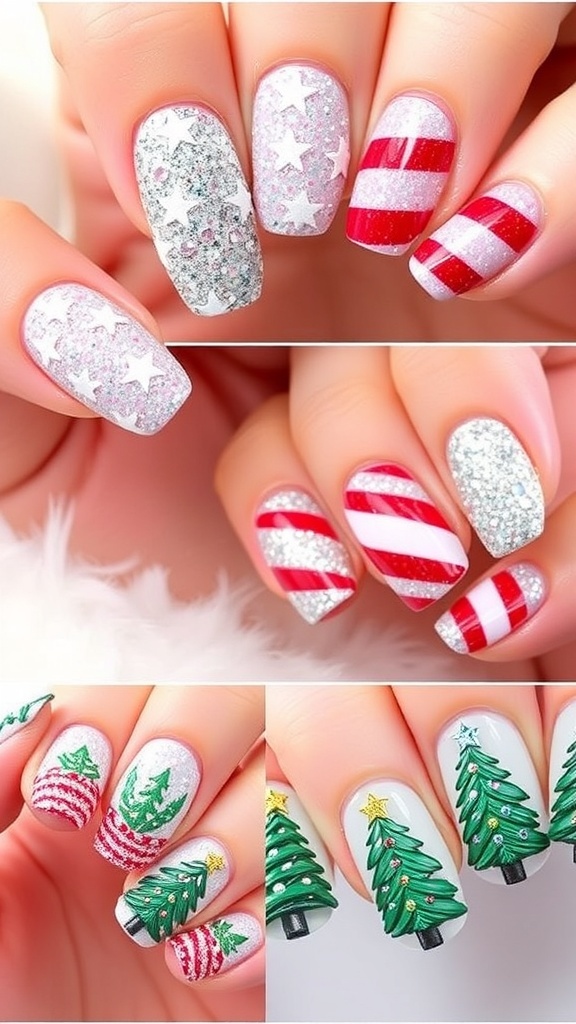 A display of Christmas nail art designs with glitter and festive themes.